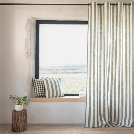 Rideau 100% coton larges rayures LOURMARIN Kaki 140x260 cm (1/2)