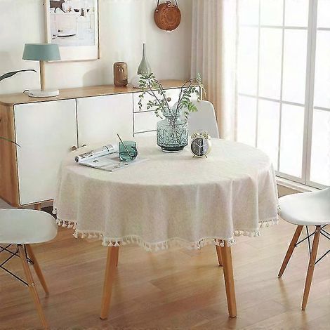 Nappe ronde en lin et coton de 120 cm, lavable et antitache, avec pompons, idéale pour un mariage, un anniversaire, un repas ou une table basse. (1/5)