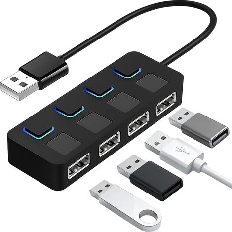 Aktiver 4-Port-USB-Hub, ultraflach, 480 Mbit/s USB 2.0-Multiport, 4 Ports mit individuellen Schaltern und Betriebsanzeigen, Multiport-Hub-Adapter für PC, Laptop, MacBook, iMac (1/5)