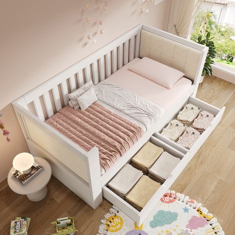 Letto a giorno 90x190 cm in legno bianco con 2 cassetti, testiera e rete a doghe