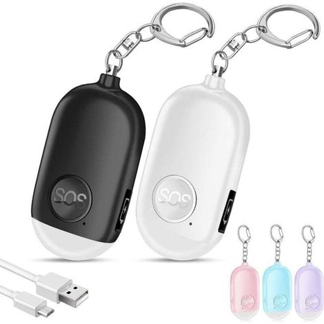 130DB Lot de 2 Alarmes Personnelles Anti-Agression Rechargeables Avec Porte-clé et LED Lampe de Poche - Pour Femme, Enfants, Personnes Âgées (Blanc+Noir)-Crezuo