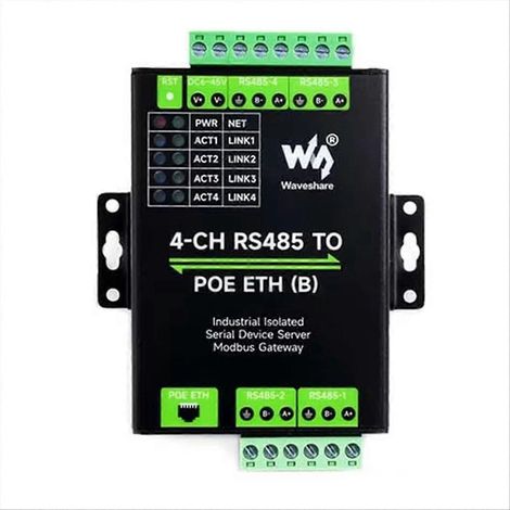 Convertisseur Ethernet ETH RS485 isolé 4 canaux pour usage industriel, compatible Modbus/MQTT/JSON, conception pour montage sur rail DIN. (1/5)