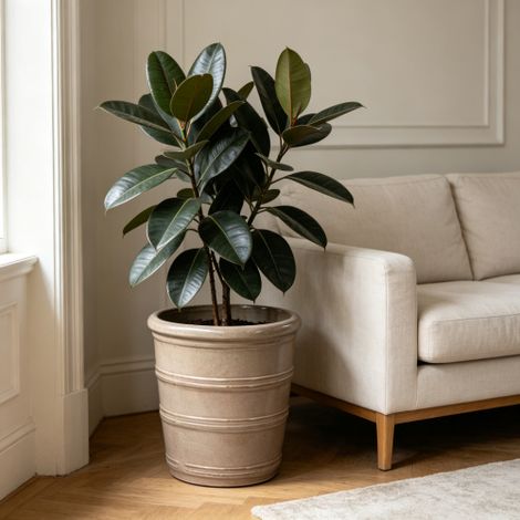 Pot de fleurs en céramique artisanale Ø 40,5 cm, brun taupe brillant à rainures horizontales, respirant, résistant au gel avec trou de drainage, pour grandes plantes d'intérieur et de jardin – 1 pièce (1/5)