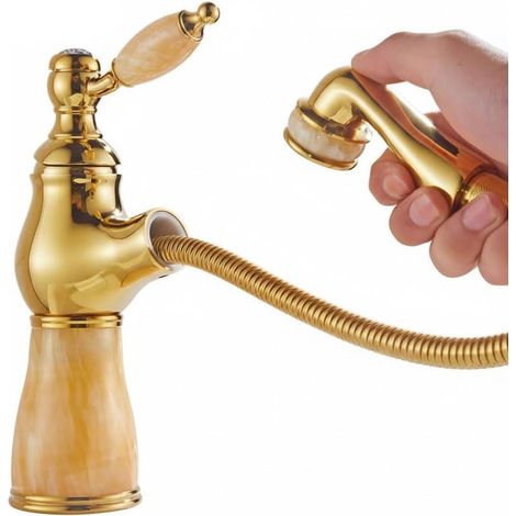 Grifo para lavabo de un solo orificio con cabezal extraíble y monomando, para agua fría y caliente (amarillo, dorado A corto) (1/5)