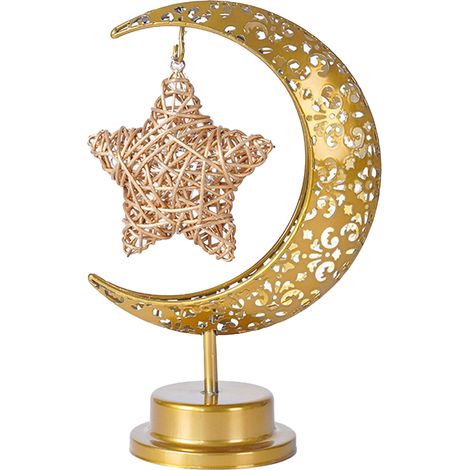 Lampe Lune de Table Décoration LED Fer Découpé Motif Étoiles Rotin Suspension Nocturne (1/5)