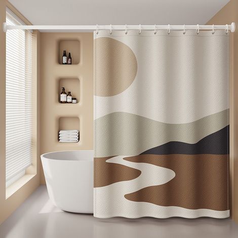 180 x 200cm Rideau de Douche avec 12 Crochets Séchage Rapide(Coucher de soleil), Tissu Polyester Imperméable Lavable en Machine, Rideaux Salle de Bain (1/5)