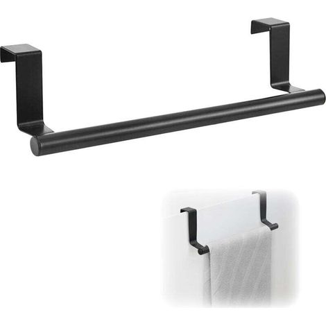Porte-serviettes de porte, porte-torchons en acier inoxydable, porte-torchons de cuisine, à suspendre, (pas de perçage nécessaire) pour suspendre des serviettes, 23 cm de long, noir (1/4)