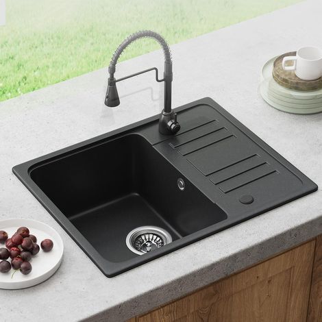 HOROW Single Bowl Quartz Kitchen Sink, 57x45 cm Black, Push-to-Drain/Store Water, Scratch-Resistant Stain-Proof Self-Healing, with Drain Fittings & Overflow