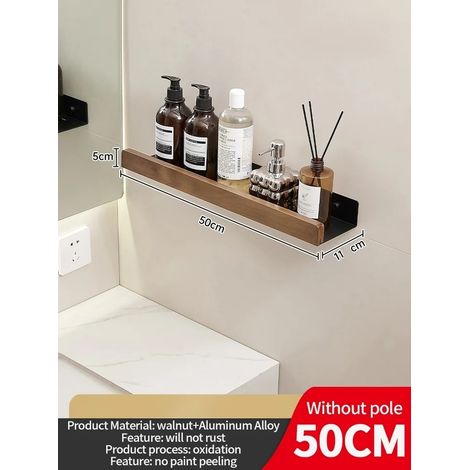 (Noir 50 cm) Étagère d'angle en bois et aluminium pour salle de bain, rangement pour shampoing, étagère murale de douche (1/5)
