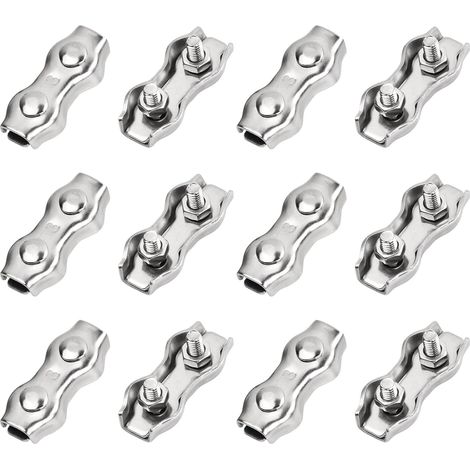 12 Pièces Serre Cable Acier Inox, M3 Pinces de Câble, Câble Métallique en Acier Double Pince, Pince de Fixation de Câble pour Fixation Corde a Linge Filin Tondeuse Cable Acier 3mm (1/5)