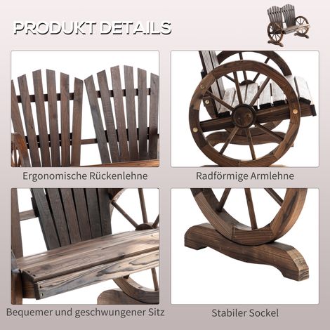 Banc extérieur 2 places en bois massif, accoudoirs inclus, capacité max 250 kg, look traditionnel, parfait pour terrasse, jardin ou patio. Dimensions : 108x66x95 cm, teinte brun foncé. (1/4)