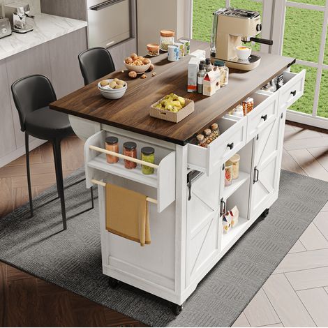 Isola da cucina estensibile con 2 ante scorrevoli, 3 cassetti, 5 ruote, MDF beige DESVIAE (1/5)