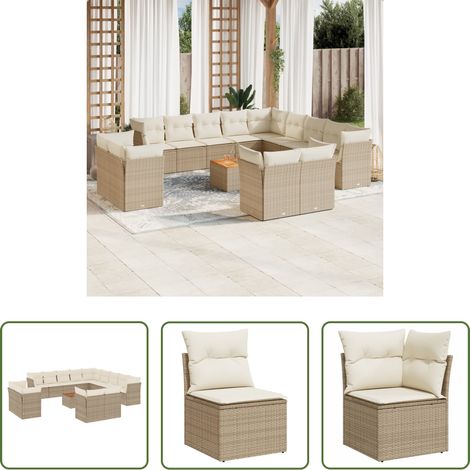 vidaXL Rattanmöbel - 14-tlg. Garten-Sofagarnitur mit Kissen Beige Poly Rattan (1/5)