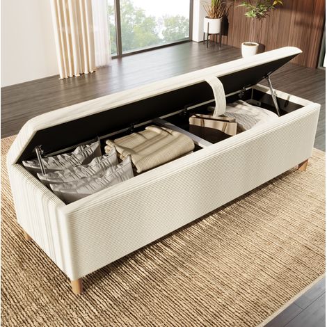 Panca contenitore 145x38x46 cm in tessuto a coste e legno beige, FloraGrace (1/5)