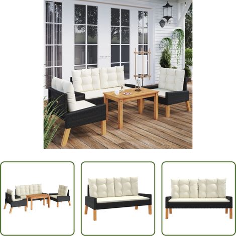 Canapé extérieur - Salon de jardin 4 pcs et coussins Résine tressée et bois massif (1/5)