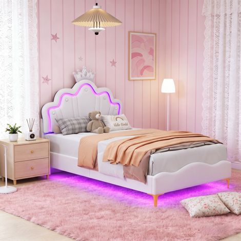 Lit enfant 90x200cm - Avec lumière LED - Lit princesse capitonné - Motif couronne - Cuir - Sommier à lattes