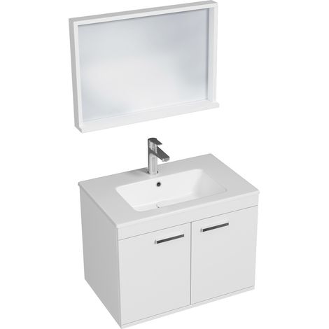 RUBITE Meuble salle de bain simple vasque 2 portes blanc largeur 70 cm + miroir cadre