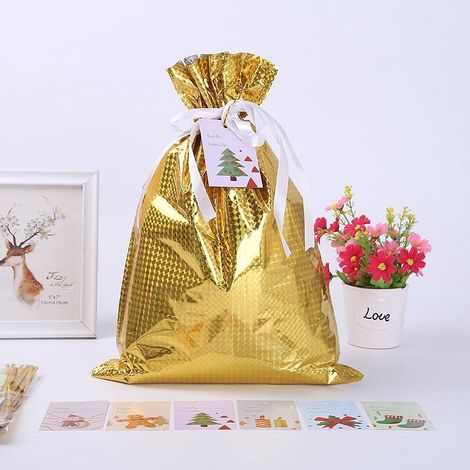 Sac Cadeau Noel - Sac à Cordon en Aluminium Doré - 42 x 29 cm - Pour Emballage Cadeaux Fêtes - Lot de 10 (1/4)