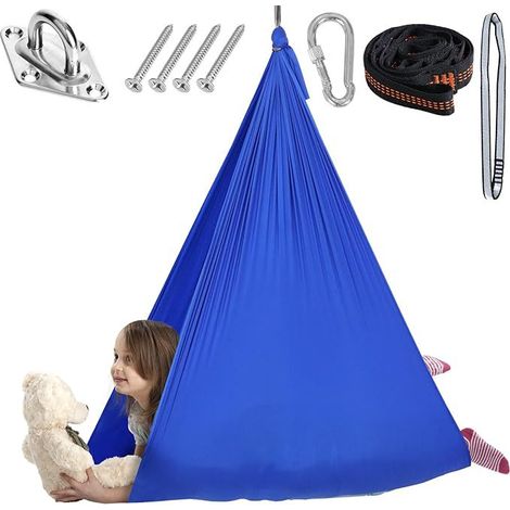 Bleu royal 280&150 cm Hamac élastique pour enfants, suspension d'intérieur, yoga pour adultes, chaise suspendue d'extérieur élargie, balançoire de patio, entraînement à l'intégration sensorielle. (1/5)