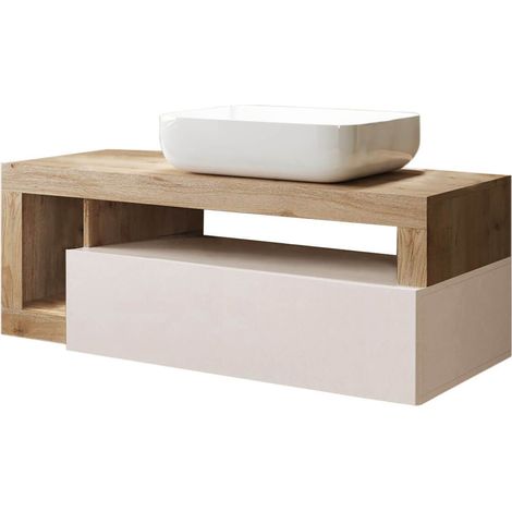ARTURO - Meuble Vasque 110cm suspendu 1 tiroirs beige laqué et aspect bois finition Cadiz (1/5)