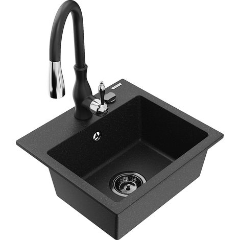 Mexen Milo lavello in granito a 1 vasca con miscelatore cucina Savita, nero/argento metallizzato- 6505-73-672601-70-B (1/5)