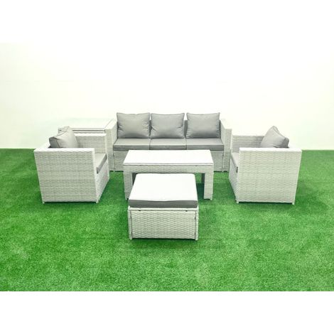 Fimous Rattan Garden Furniture Set 6 Pieces Outdoor Garden Sofa Oblong Coffee Table Set with 2 Chairs Side Tabe Stool Light Grey Mixed
