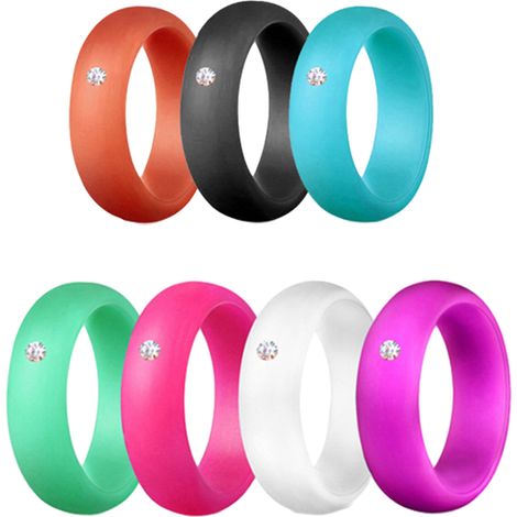 Lot de 7 alliances en silicone pour femme, fines et empilables, avec incrustation de zircon, largeur 5,5 mm, tailles 6 à 10. (1/5)