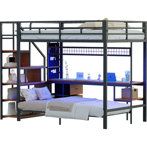 Lit mezzanine métal et MDF noir 140x200 cm avec lit 90x200 cm, bureau avec LED et prises, rangement (1/5)