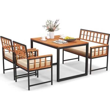 COSTWAY 4 Pieces Acacia Wood Patio Dining Set with 1 Rectangular Table-Natural (1/5)