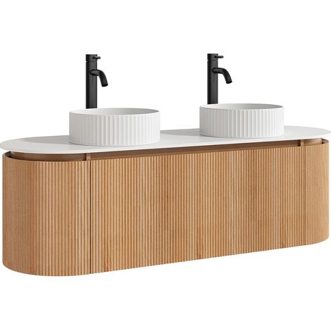 Mobile bagno sospeso scanalato con doppio lavabo da appoggio rotondo scanalato e rubinetto Naturale chiaro L150 cm - LILIKO (1/5)
