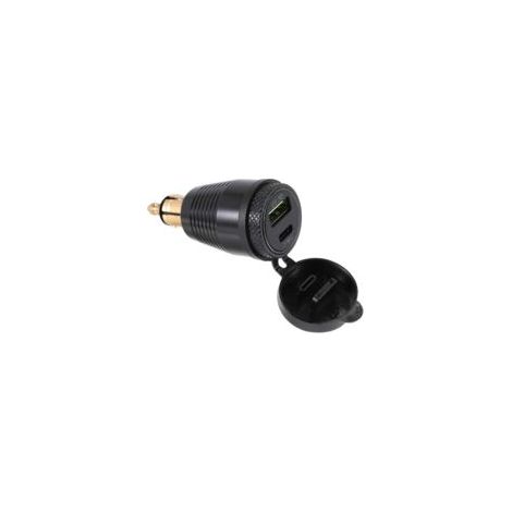Wasserdichtes Motorradladegerät mit Hella DIN-Stecker auf QC3.0 USB-Ladegerät und 30W USB-C-Netzteil.