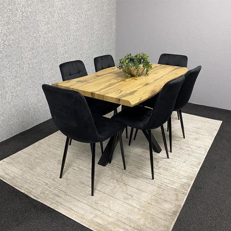 Wooden Brown Dining Table with 6 Black Velvet Chairs, Stylish Dining Room Furniture (1/5)