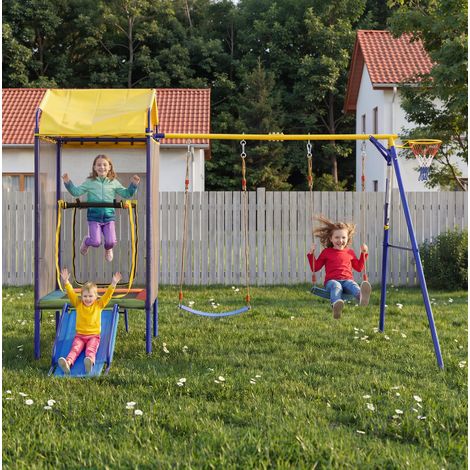 Parque infantil de exterior 4 en 1 de hierro multicolor con trampolín, doble columpio, tobogán, red de seguridad y aro (1/5)