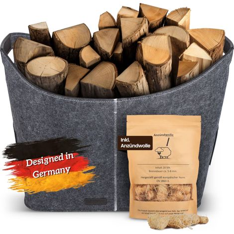 Panier à bûches XXL 60 l en feutre extra résistant Poignées renforcées avec laine d'allumage pour la cheminée Panier de rangement en feutre comme sac à bois de chauffage ou panier à (1/5)