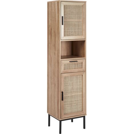 Armario de pie para baño boho frente de ratán trenzado 40 x 165 cm madera clara Rosell