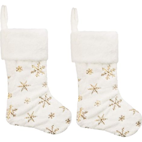 Chaussette De Noël - Blanc Neige Avec Flocon De Neige Brodé - Pour Décoration De Sapin Ou Cheminée - Lot De 2 (1/5)