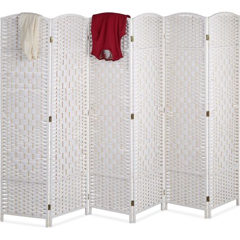 Paravento Relaxdays A x L: 170 x 240 cm, pieghevole, 6 pannelli, legno e corda di carta, bianco