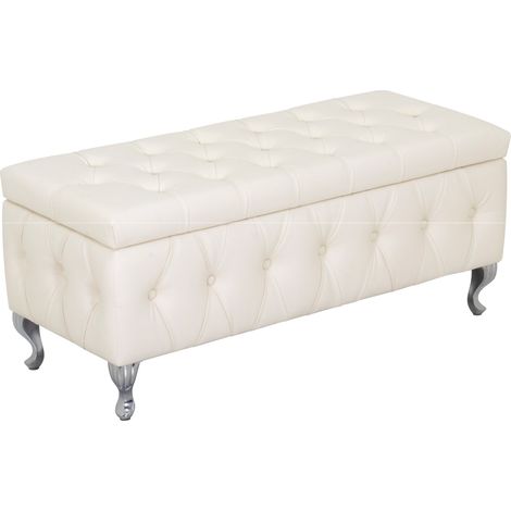 Puff almacenaje AMOUR en piel sintética blanca, baúl con asiento acolchado y patas cromadas - MOG CASA (1/5)