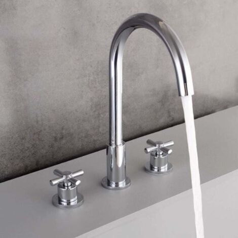 Ensemble de robinet de lavabo à 3 trous, séparé - Corps en laiton - Design à deux poignées, Modèle A Argent (1/2)