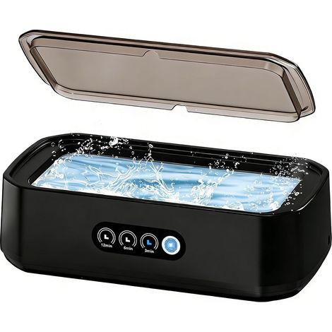 Ultraschallreiniger 650 ml, geräuscharmer Ultraschallreiniger mit 49.000 Hz, mit One-Touch-LED-Anzeige und 3 Zeitmodi für Schmuck, Ring, Brille, Uhr, Rasierkopf, Zahnersatz. Schwarz (1/5)
