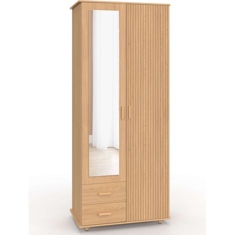 Armoire 2 portes JULIETTE effet lattes tasseau bois penderie 80 cm avec 2 tiroirs, miroir et étagères