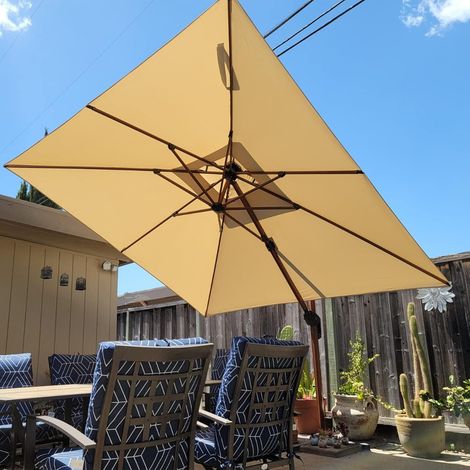 PURPLE LEAF Parasol 3,65 x 3,65 m Carré de Terrasse, Parasol Déporté 360°, Double Toit Ventilé, Finition Aspect Bois Antirouille, Parasol de Jardin Luxe, Beige