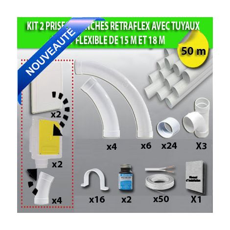 Kit 2 prises RETRAFLEX blanches nouvelle génération, 20% plus petit que le premier modèle - longueur de tuyaux au choix (30m et 50m) - 50m