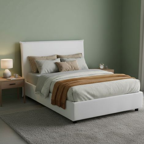 Dmora - Cama de plaza y media Dacer, Cama contenedor con revestimiento de tela, 100% Made in Italy, Apertura frontal, adecuado para colchón Cm 120x190, Blanco (1/5)