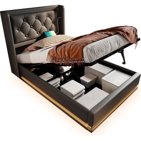 Lit simple capitonné 90200 cm, noir en PU, lit de rangement hydraulique, tête de lit rembourrée avec fonction de charge USB Type-C, éclairage LED sur 3 côtés (avec matelas)