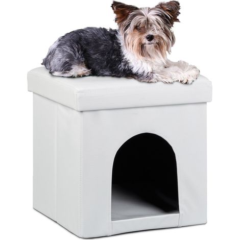 Maison pour petits chiens et chats pliable pliante banc en similicuir confortable Tabouret abri panier malle cube niche HxlxP: 38 x 38 x 38 cm repose-pieds couvercle amovible, blanc (1/5)