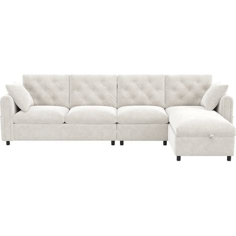 Divano angolare a L in velluto beige con contenitore e tasche laterali 281 x 132 x 86 cm (1/5)