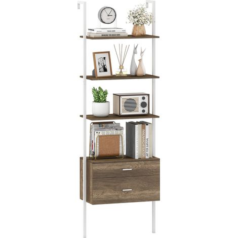 COSTWAY 6-Tier Ladder Bookcase 184cm Tall Wall-Mounted Bookshelf w/Drawers-Grey (1/5)