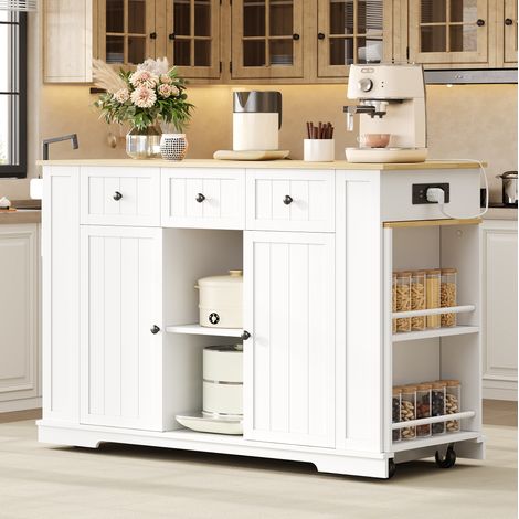 Isla de cocina móvil de 138 (213) x 55 x 93 cm con mesa extensible, tomas de corriente y USB, espacio de almacenamiento, MDF blanco natural. (1/5)