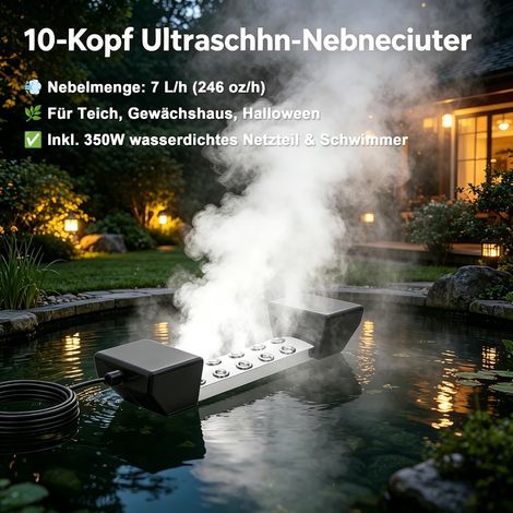Atomiseur ultrasonique professionnel à 10 têtes, générateur de brouillard industriel 350w, volume de brouillard 7L / h pour jardin / étang / événement, hôtel et serre
